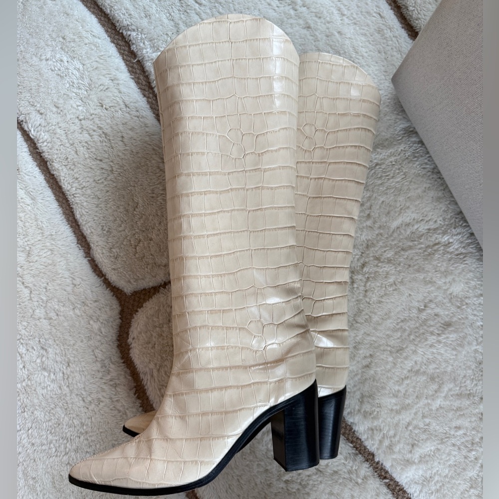 SCHUTZ Mayana Cream Croc-Embossed Leather Heeled Boots